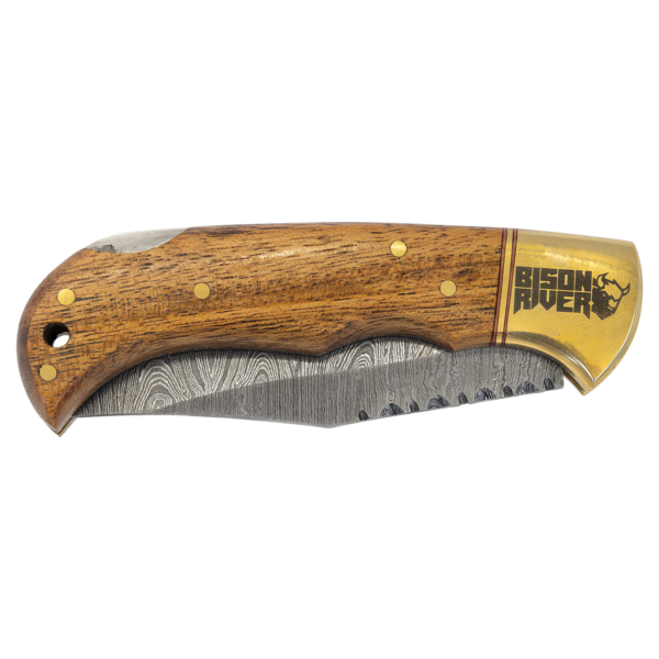 3 3/4" Wood Folding Knife with Damascus Steel Blade and Leather Sheath