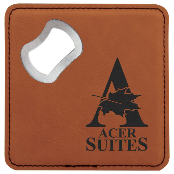 4" x 4" Square Rawhide Laserable Leatherette Bottle Opener Coaster